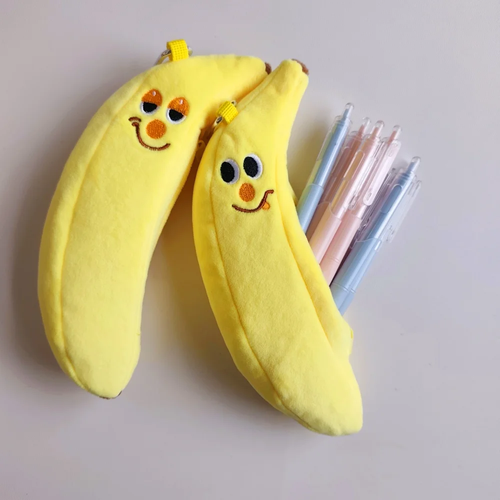 Simulated Banana Pencil Case, Plush Banana Pencil Bag with Expressions, Stationery Box with Hook, Study Companion Plush Toy, Gift