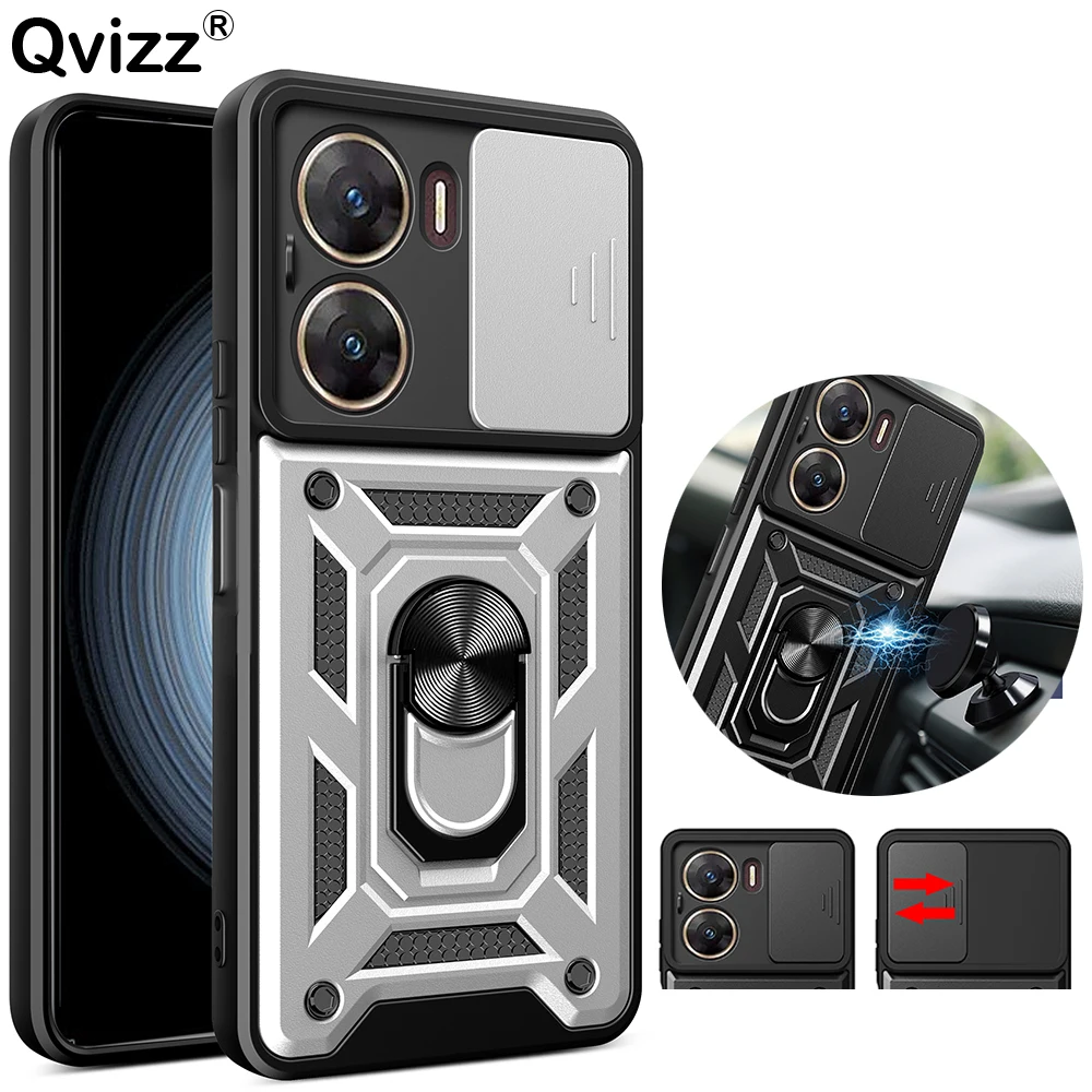 for vivo V29e V 29e India Case Luxury Slide Camera Car Magnetic Ring Holder Soft Edges Hard Shockproof Cute Phone Cover vivoV29e