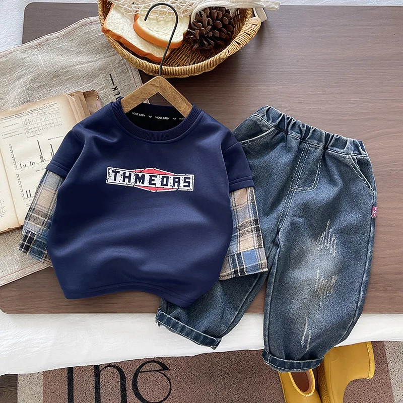 Conjuntos de ropa para niños, sudaderas para primavera y otoño, pantalones vaqueros, traje informal de 2 piezas para bebé, conjuntos de jeans, chándales para niños de 5 años