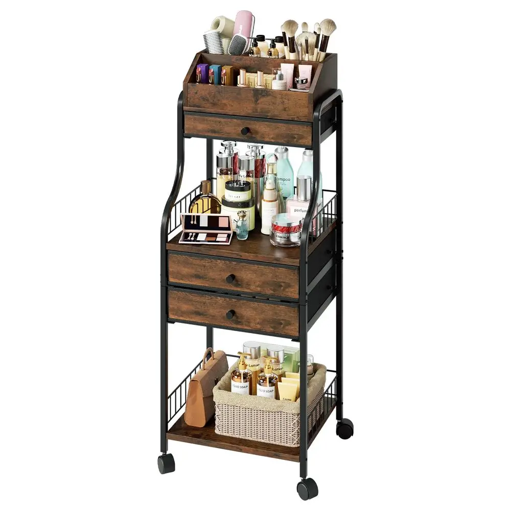 

Rolling Makeup Organizer Cart Floor Skincare Storage with Nonwoven Drawers, Vanity Organizer Cosmetic Display Cases with Wheels