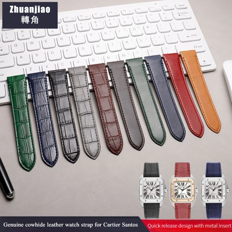 High Quality Cowhide Leather Watch Band for Cartier Santos 19 21mm Quick Release Watch Strap Metal Insert Stainless Steel Buckle