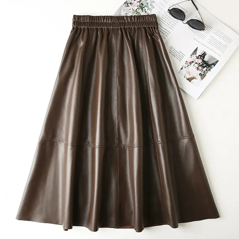 Leather Casual Skirt For Women Harajuku Lazy Style A-line Pockets Pleated Calf Long Jupe Femme Elastic Waist Beige Ropa Coreana