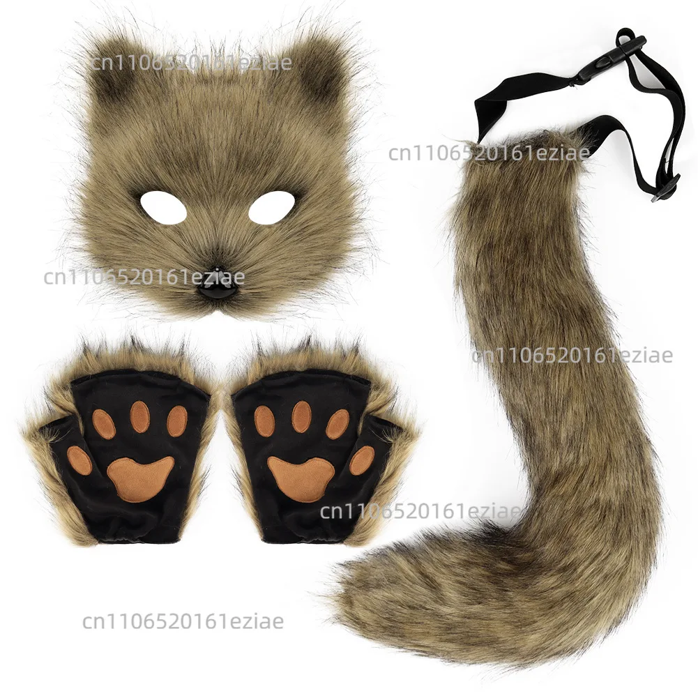Suitable for Halloween suit simulation fox mask gloves plush fox tail handmade beast tail cos props accessories