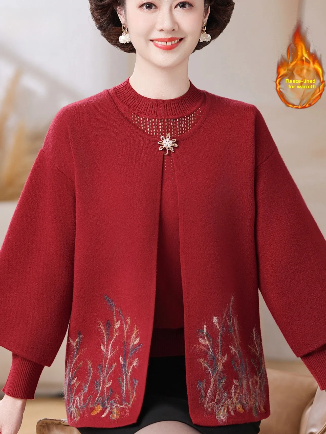 

Faionable Knitted Open Cardigan Loose Outerwear Two-Piece Set for Middle-Aged And ly Women Autumn Winter New Arrival