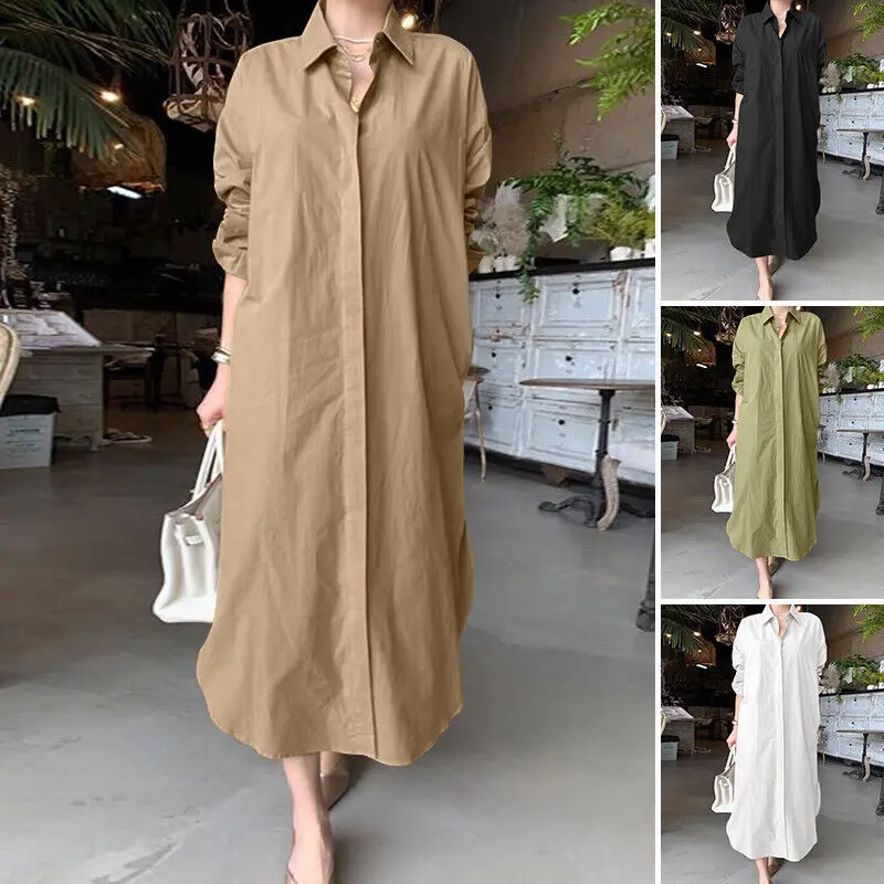 

Summer Fashion Women's Dress Casual Style Solid Color Lapel Single-breasted Shirt Dress Large Size Loose Sundress Women's Gown