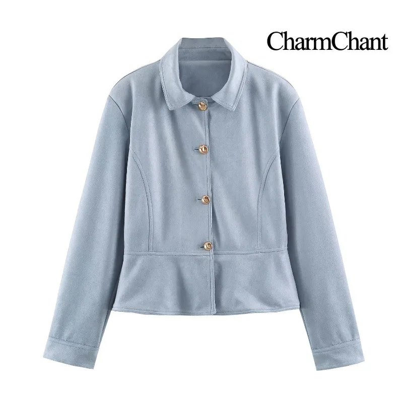 CHARMCHANT Women's Suede Jacket Vintage Princess Seam Gold Metal Buttons Notched Collar Tailored Coat Elegant Fall Winter 2026