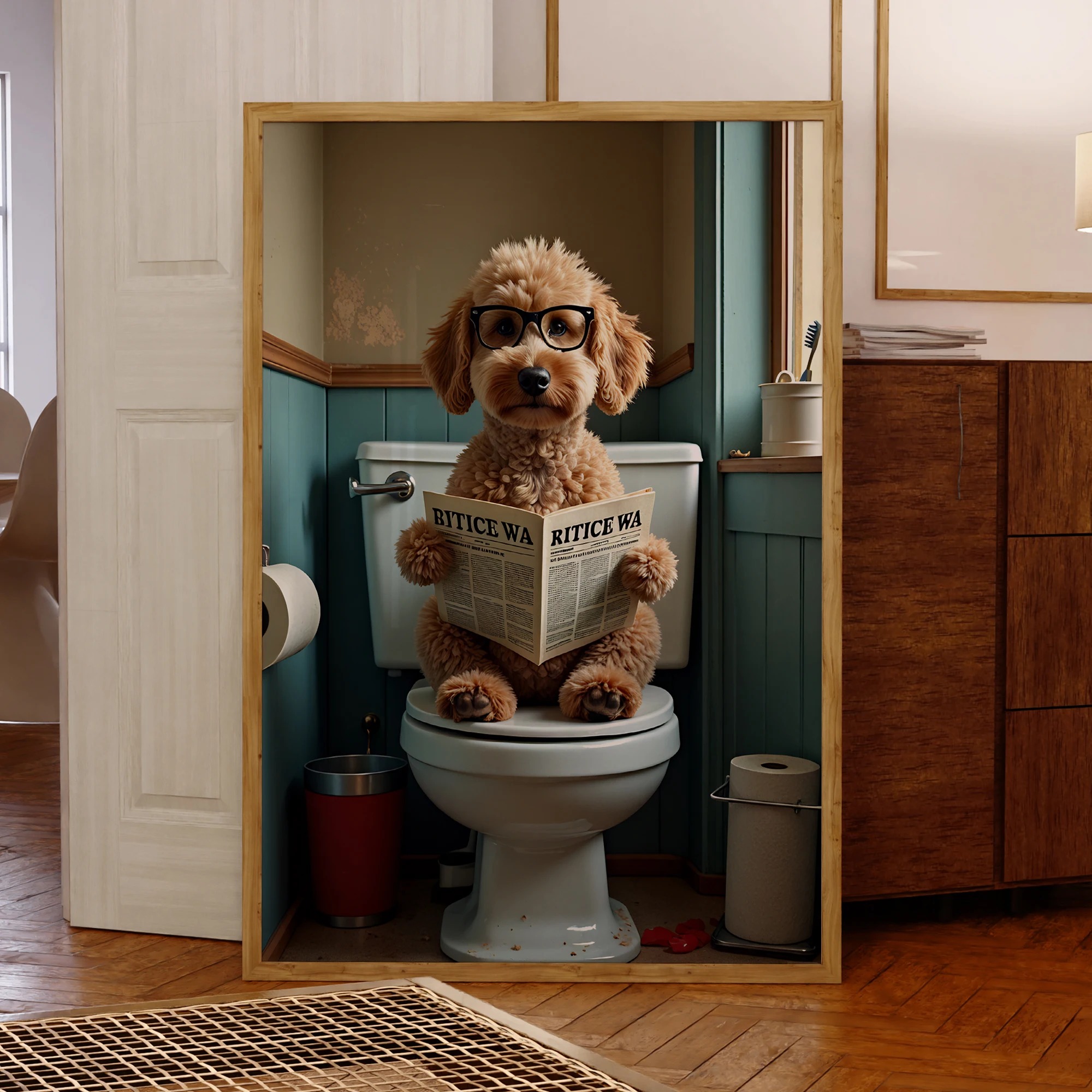 Humor moderno perro con gafas Goldendoodle arte de pared impresiones lienzo pintura póster imagen para baño sala de estar decoración del hogar