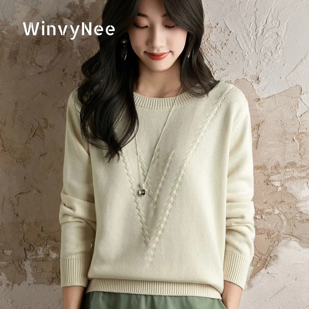 

WinvyNee Women's 100% Cotton Comfortable 7-Pin Crew Neck Long Sleeve Water Drop Pattern Solid Color Daily Wear Pullover A1092036