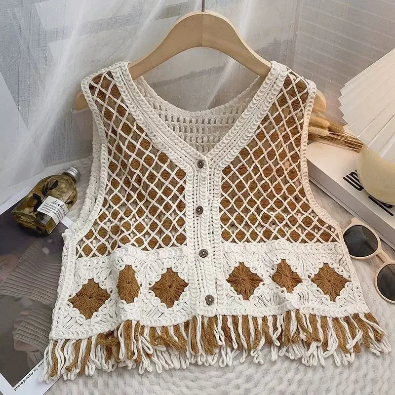 Ethnic Retro Diamond Lattice Tassel Knit Vest Women Beach Vacation Hollow Out Thin Sleeveless Cardigan