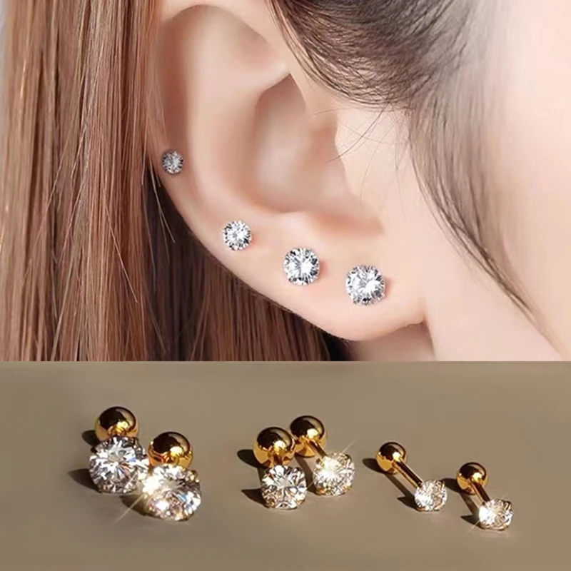 1 pair Set Stainless Steel Round Ball Golden Silvery Cubic Zirconia Ball Screw Back Stud Earrings Set for Men Women