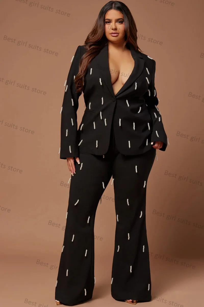 Traje de perlas para mujer, conjunto de 2 piezas, chaqueta negra y pantalones, Blazer Formal para oficina, esmoquin de boda, abrigo a medida, vestido de Graduación