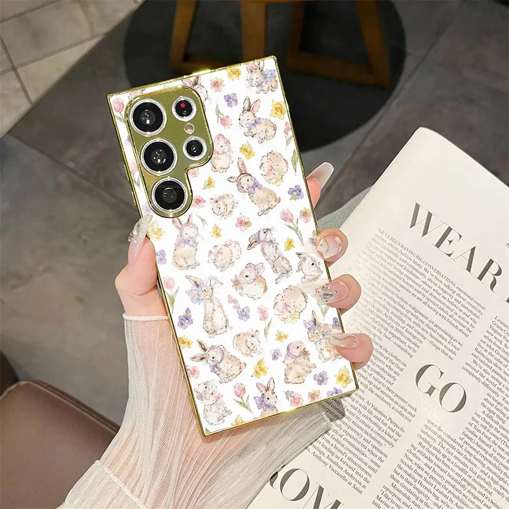 Wildflowers Little Hares Ins Phone Case For Samsung Galaxy S25 S24 S23 Ultra Phone Cover Electroplated Metal Frame Case