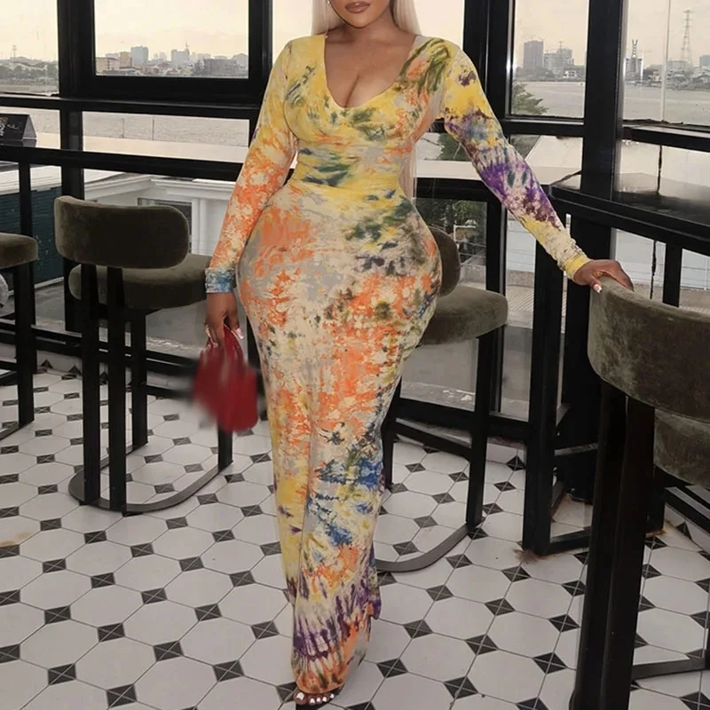 

Chic Printed V-neck Long Sleeve Dress Temperament Slim Wrap Hips Pleated Evening Dress Elegant Women High Waist Banquet Dresses