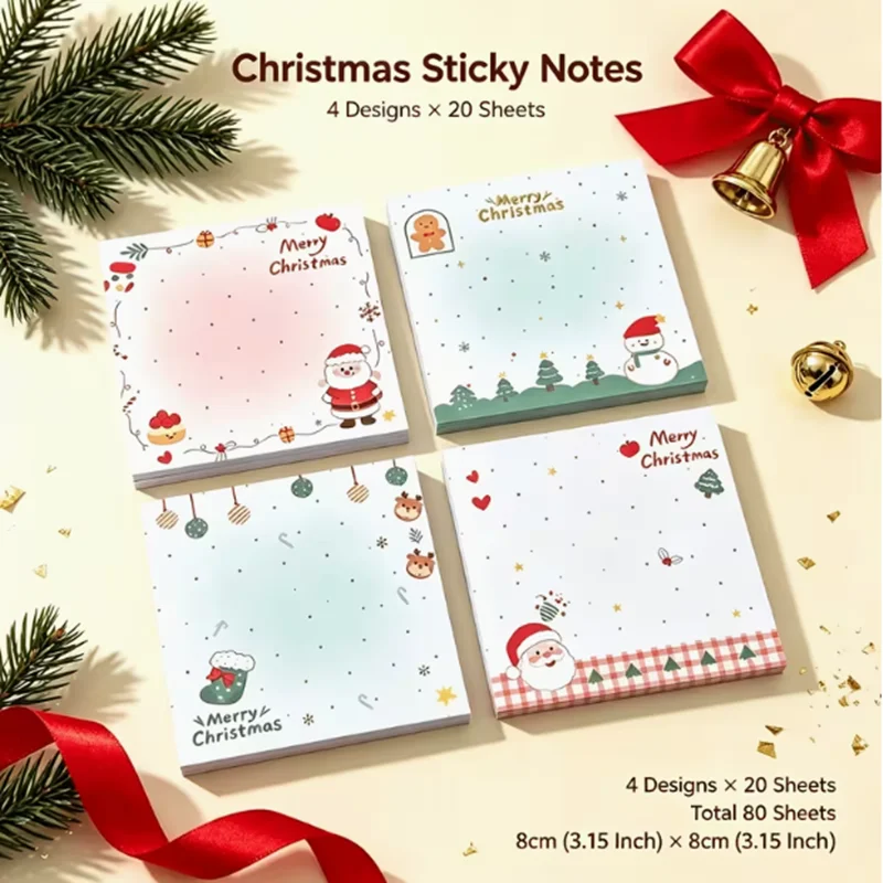 Cute Santa Claus snowman Christmas notepad with self-adhesive notepaper (total of 80 sheets) - Christmas party supplies