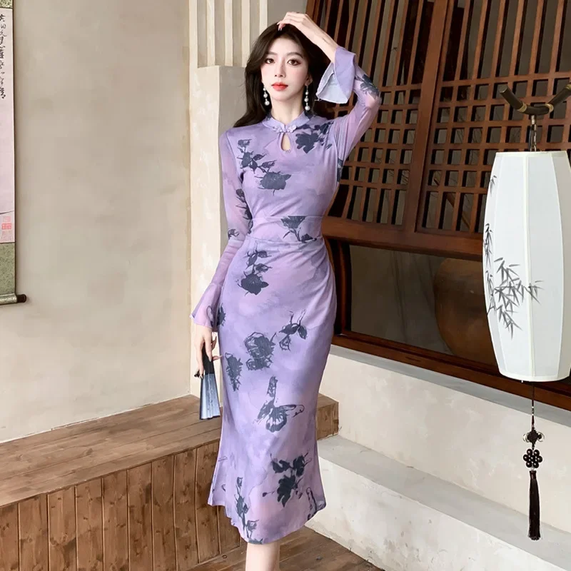 

New Chinese Style Improved Female Qipao Cheongsam Elegant Classic Long Sleeve Dress Mesh Print Sexy Vestidos