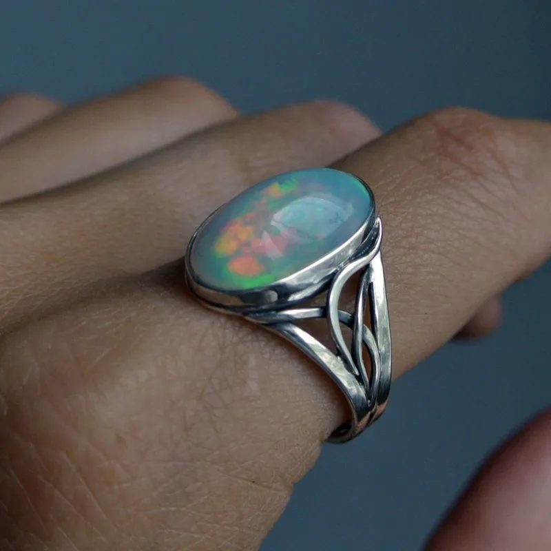 Exaggerated Ring Inlaid Large Egg Shape Opal Sunset On The Beach Color Perfect Decor For Cocktail Party Use It To Be The