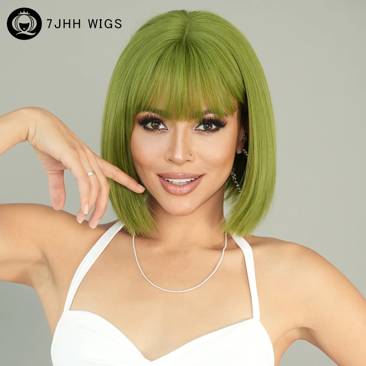 

7JHH WIGS Short Straight Green Bob Wigs with Neat Bangs High Density Synthetic Layered Solid Color Hair Wigs for Women Daily Use