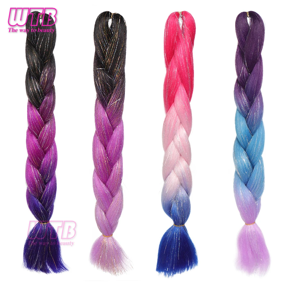 Extensiones de cabello trenzado preestirado, Pelo trenzado de ganchillo degradado, color negro, morado y azul