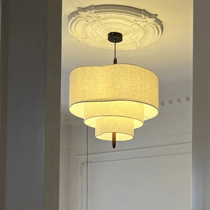 French Cream 3-Tier Wavy Linen Pendant Light Multi-Layer Fabric Shade Hanging Lamp Walnut Decor