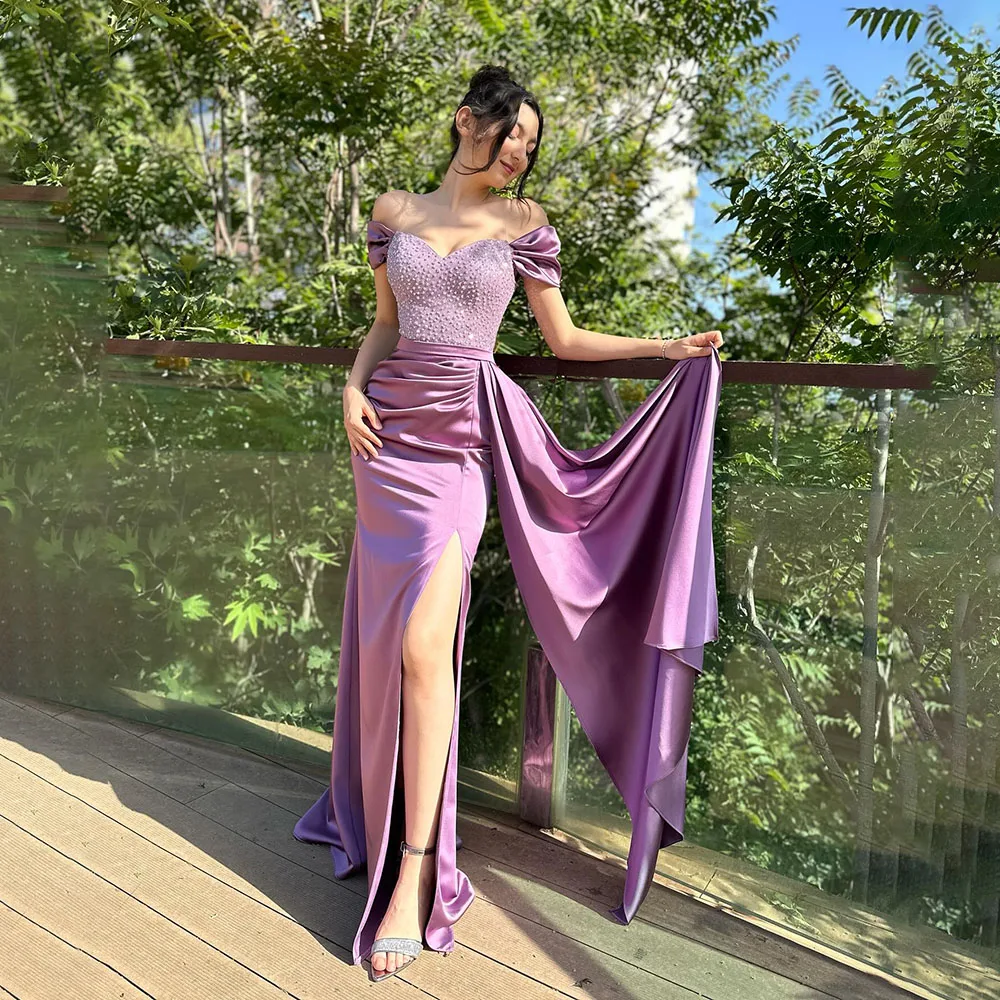 

Radiant Off the Shoulder Satin Beaded Formal Prom Dress Side Slit Mermaid Backless Prom Gown with Sweep Court vestidos de novia