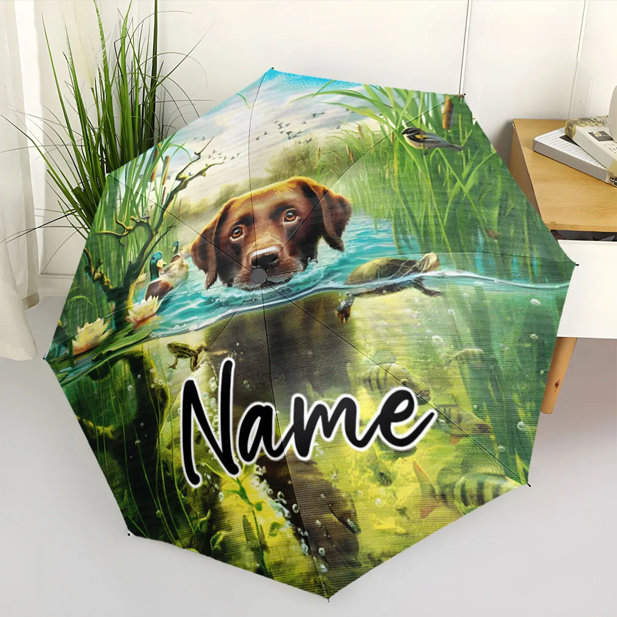 Custom Name Umbrella A Canine Adventure in Nature Print 8 Iron Ribs Folding Umbrella Auto-Open Fashion Sunshade