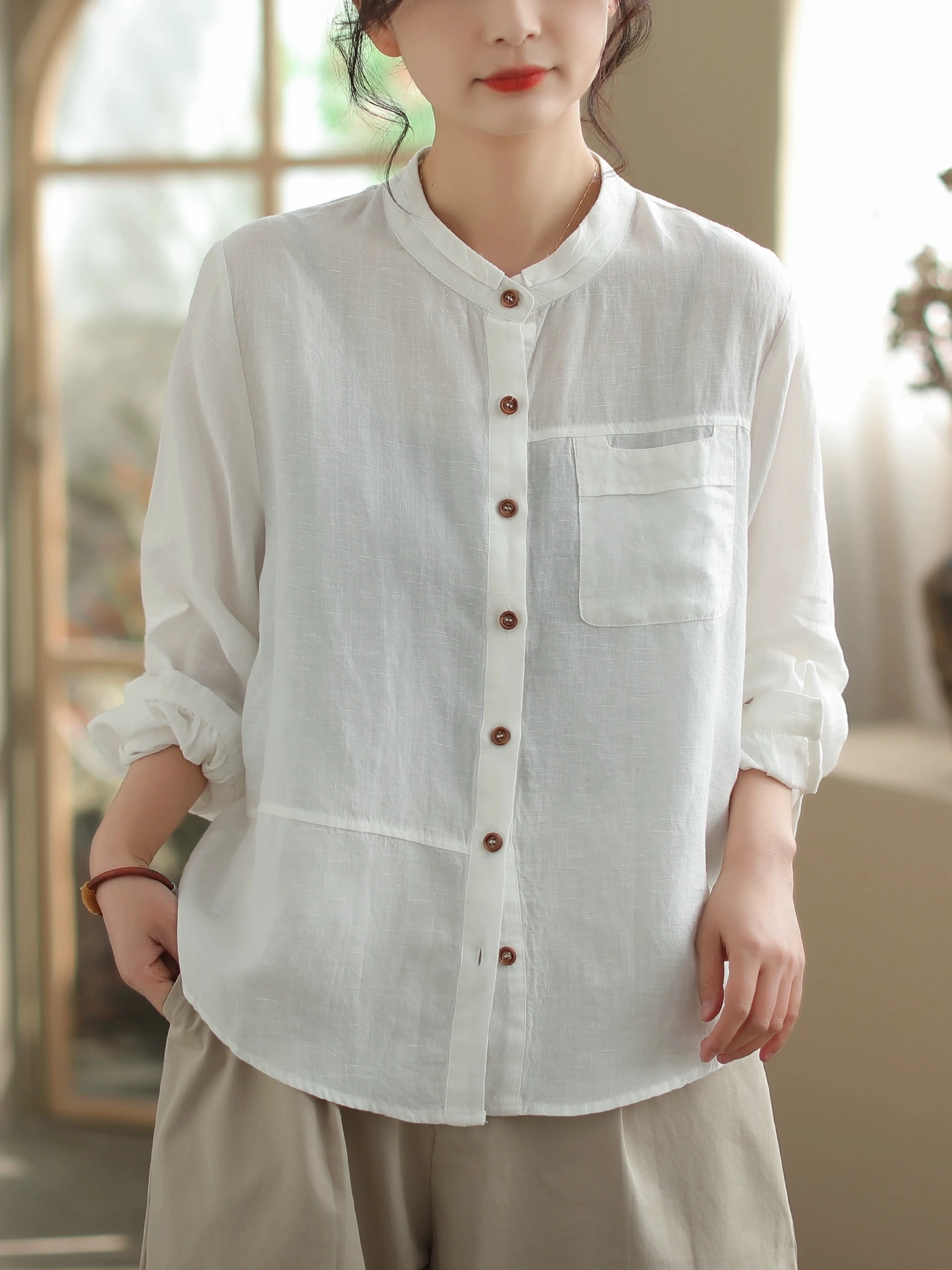 

Retro Linen Casual Loose Pure Color Women's irt Age-Defng Vintage Sle Artistic Fall Faion Single Button Closure