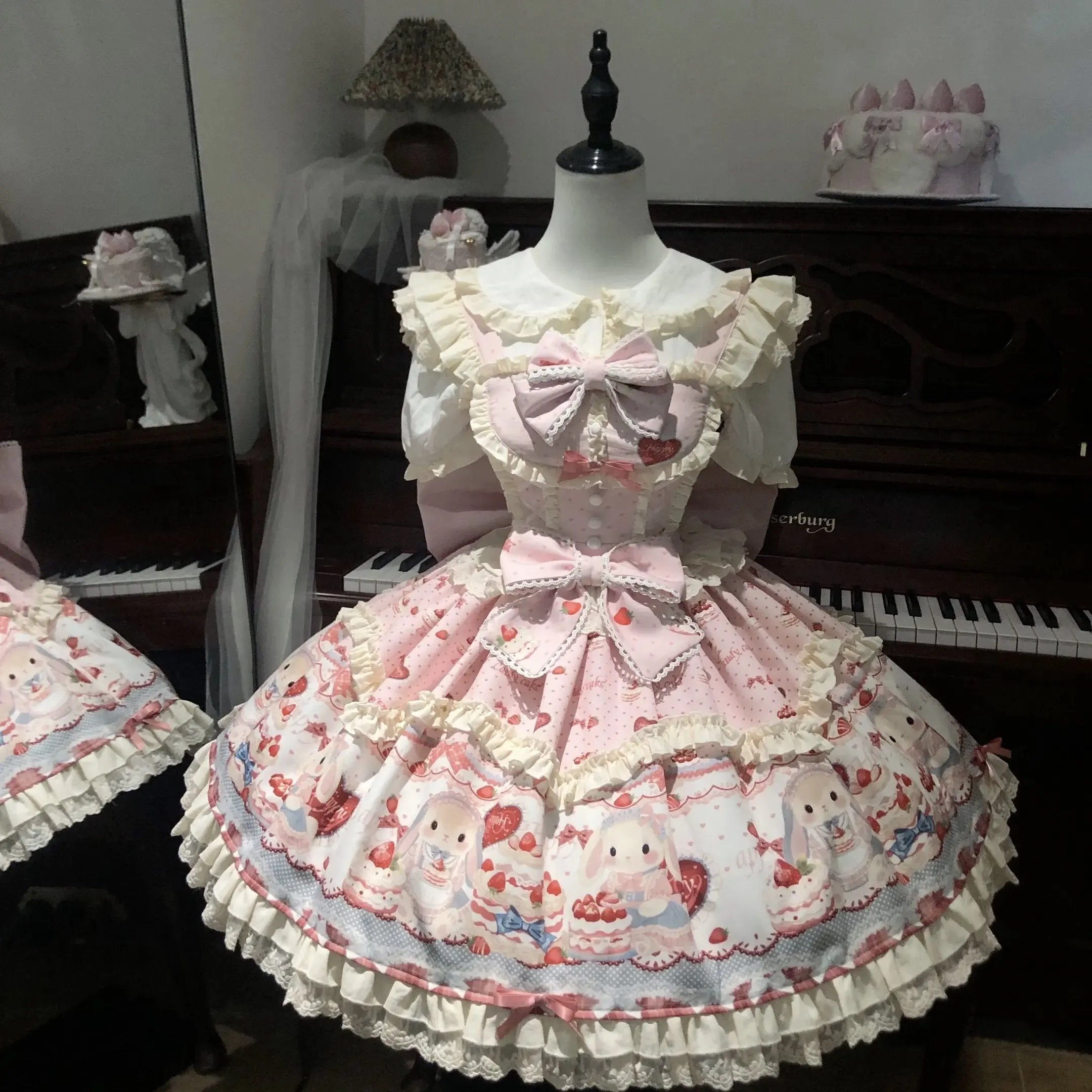 Original Spring Summer Cute Bunny Lolita Cake Dress Off Shoulder Elegant Ruffles Sleeveless Bow Trailing Students Princess Dress