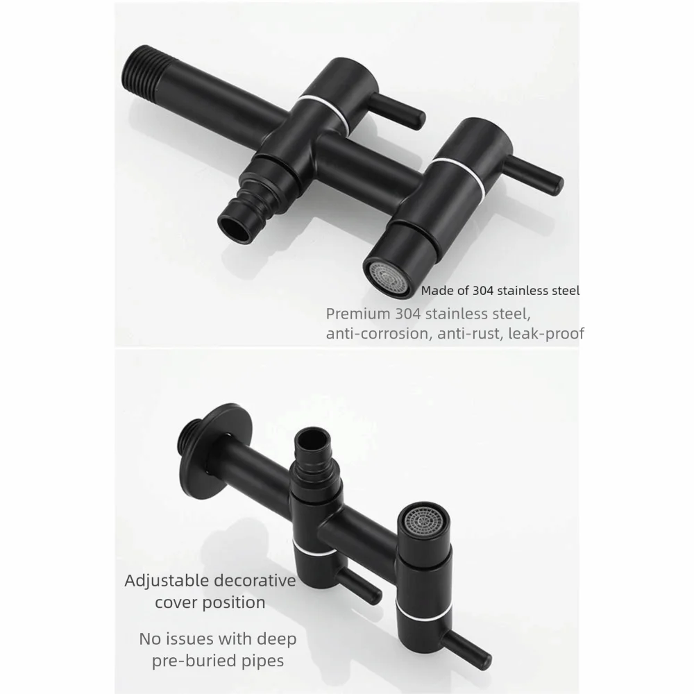 

304 Stainless Steel Washing Machine Faucet Anti Splash Matte Black Mop Washing Tap Easy Installation 1in 2out