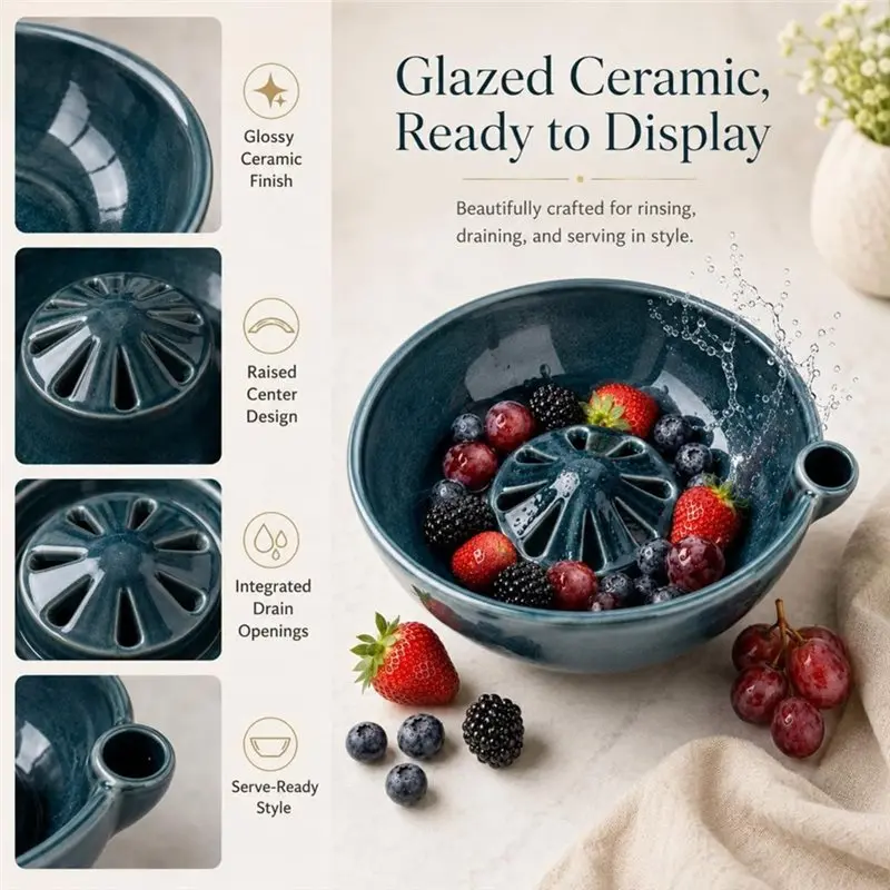 AB13-Self-Spinning Berry Washing Bowl,Glazed Ceramic Berry Bowl With Raised Center And Drainage Holes,Fruit Rinse Colander