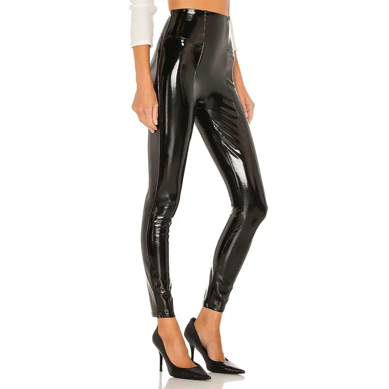 Faux Latex High Waist Trousers Women Shiny Patene Leather Leggings Ladies Slim Splicing Cropped Pants Wettlook Clubwear Custom