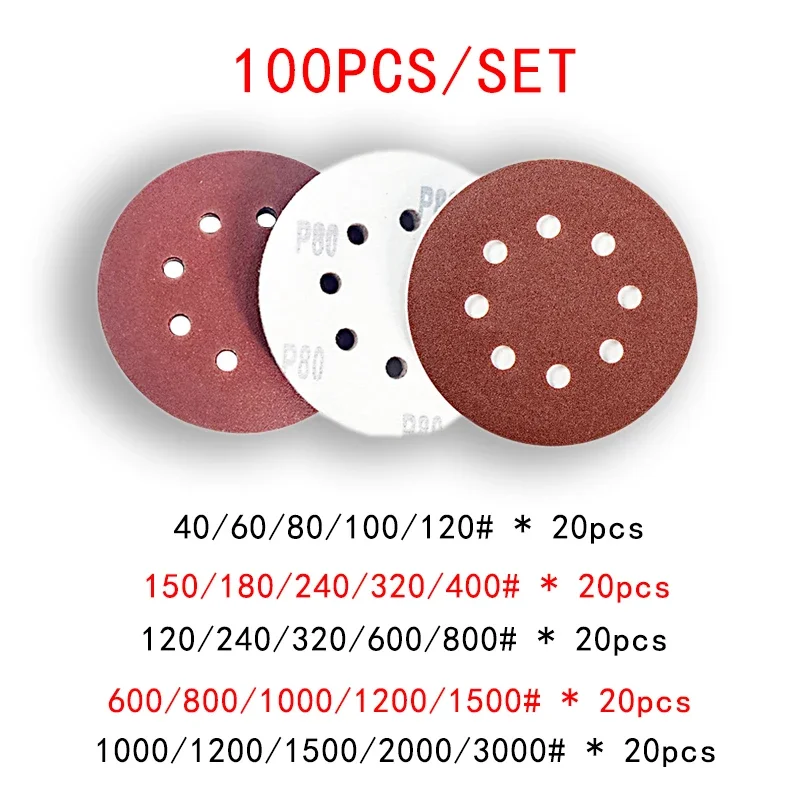 Sandpaper Set 5inch 8 Hole 125mm Woodworking Metal Grinding Disc Abrasive Polishing Tool 40/80/120/1000/2000 Grit Sanding Discs