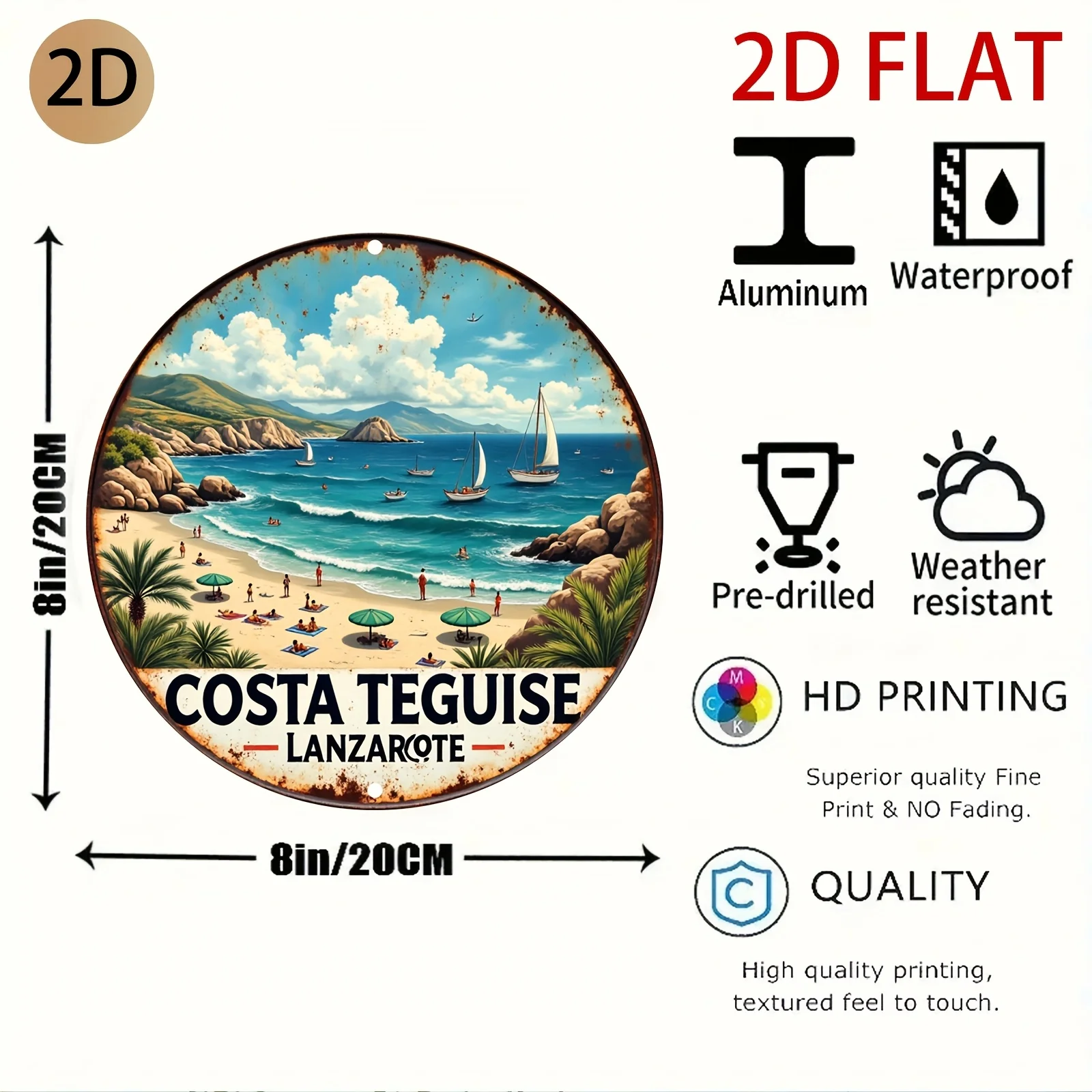 Costa Teguise Lanzarote Beach Sailboat Tropical Scenery Round Metal Sign 7.87Inch/20cm 2D Flat Vacation Patio Wall Decor Gift