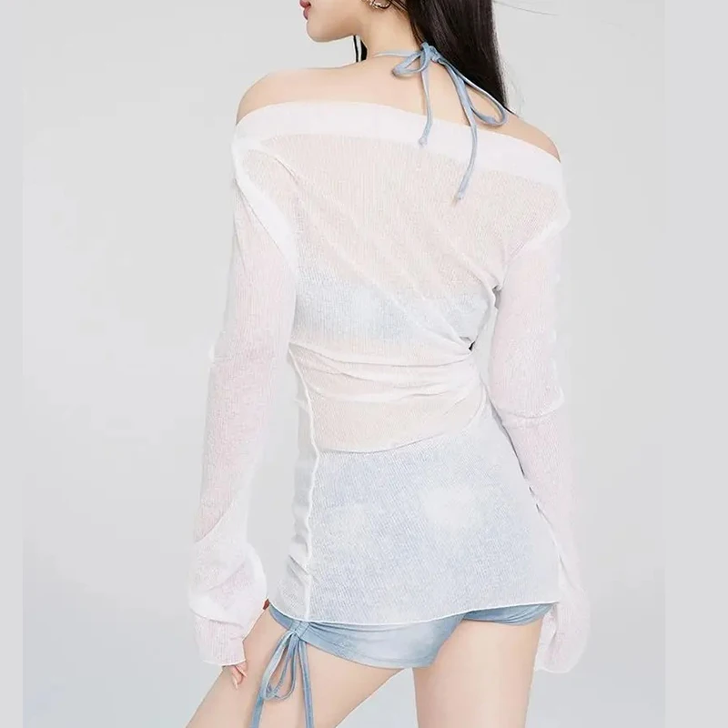 Sexy American Girl Bikini Three-Piece Set White Skin Show Meat Beach Vacation Swimsuit Separate Long Sleeve Denim Beachwear