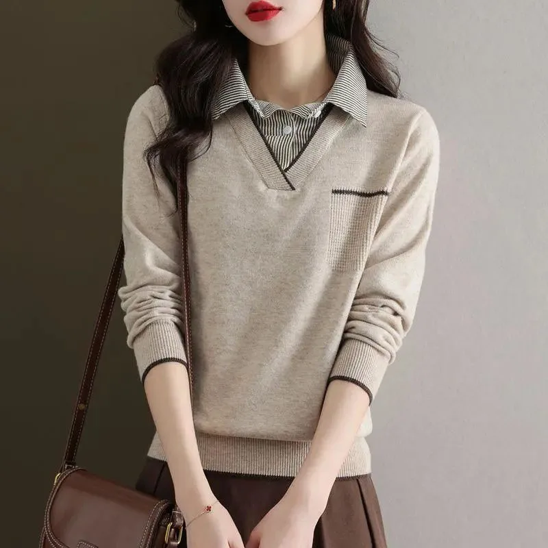 New Spring and Autumn Fashion Foreigner Fake Two Piece Short Shirt Collar Loose Versatile Women\'s Long Sleeve Knitted Sweater