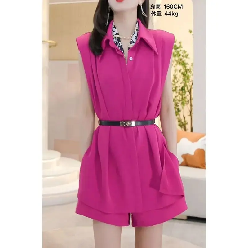 2024 Summer Fashion Simple Commuting Solid Color POLO Collar Shirt Sleeveless Sexy Slimming Top+Shorts Set