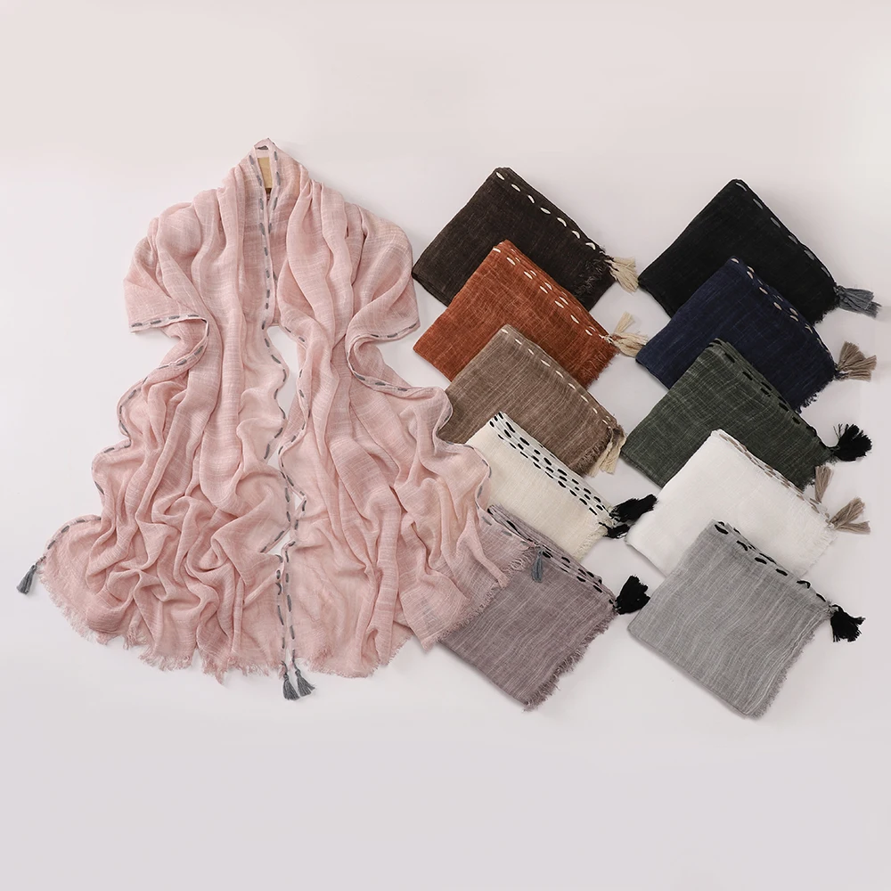 Crinkle Cotton Linen Hijab Stitched Line Tassel Edge Muslim Women Headscarf Shawl Stitch Tassel Trim Islamic Ladies Shawl
