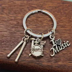 Unique Keychain Drums I Love Music Keyring Popular Music Lover Women Man Jewelry Accessories Pendant Gift