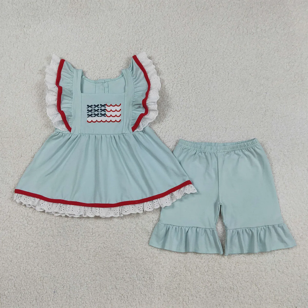 Boutique Baby Girl Blue Flutter Sleeve Flags Tunic Tops Ruffle Shorts 4th of July Clothes Sets Toddler Clothing Wholesale