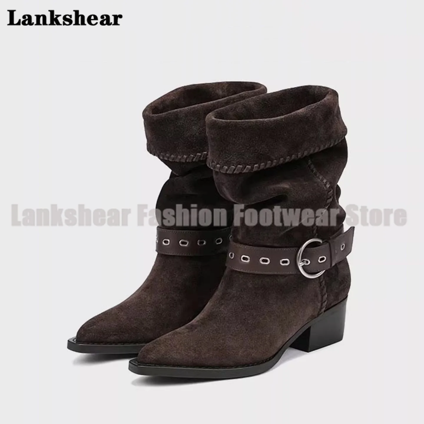 

Retro Brown Suede Chunky Heel Boots Designer Style Ankle Buckle Strap Booties New In Women's High Increase Shoes Botas Mujer