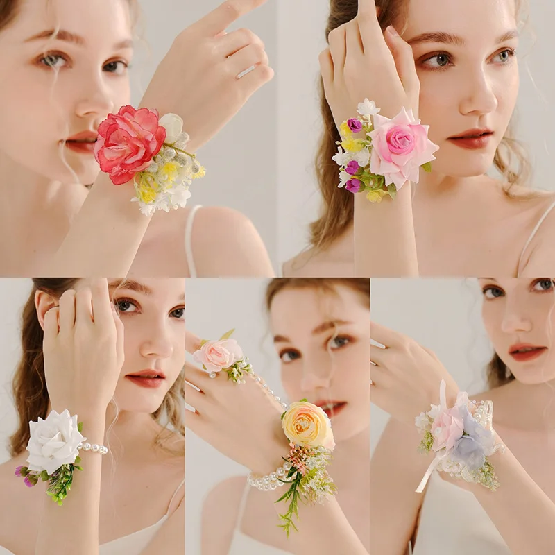 

Bridal Bridesmaid Corsage Hand Flower Simulation Wrist Flower Sisters Party Gown Accessories Pearl Brooch Wedding Jewelry