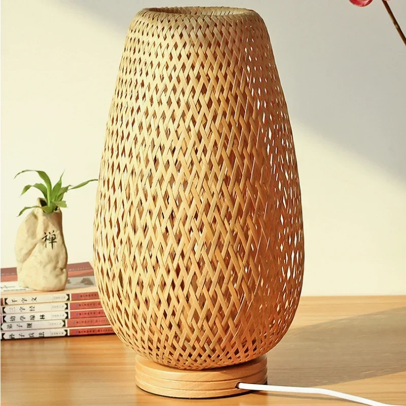 Vintage Bamboo Table Lamps Handmade Wooden Desk Lamp for Living Room Bedroom Decoration Creative Bedside Lamp