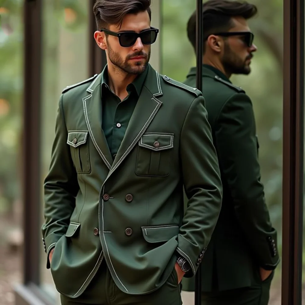 

Fashion Green Double Breasted Peaked Lapel Men Suits 2 Pieces (Jacket+Pants) Wedding Formal Party Fashion Man Sets Banquet Sets