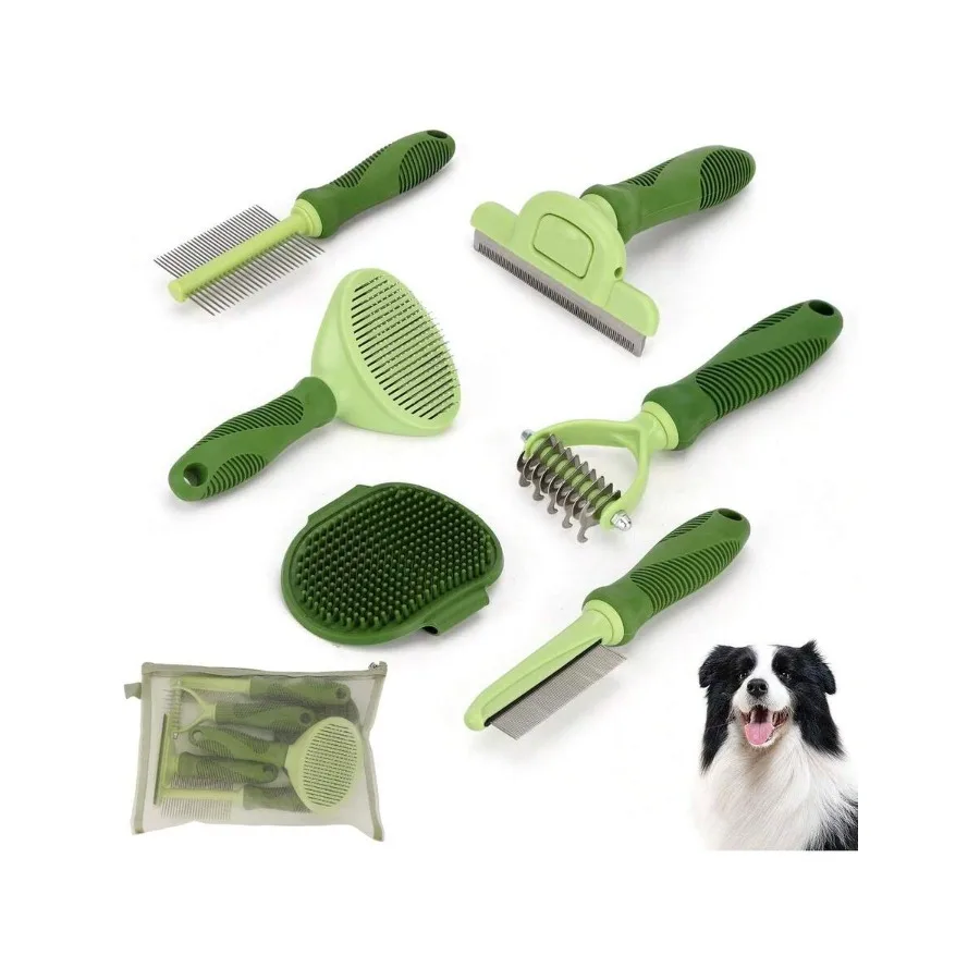 

【New Arrival】Professional Dog Grooming Tools Set with 6 Essential Brushes, Green Ergonomic Handles for Shedding, Detangling & Bathing