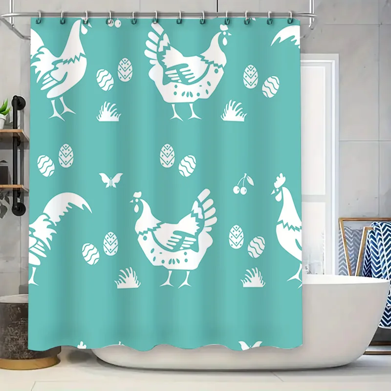 

Chicken Pattern Shower Curtain Blue White Chicken Print Bath Mat Home Decor Waterproof Fabric 72x78（183*200cm）
