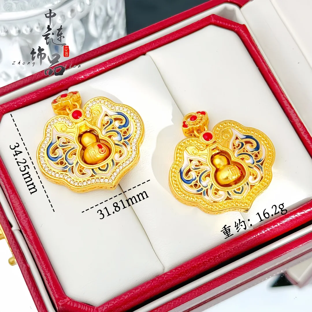 9999 gold enamel-colored blue-and-white porcelain lotus-leaf-shaped lock pendant, rotating auspicious lotus-shaped  chain