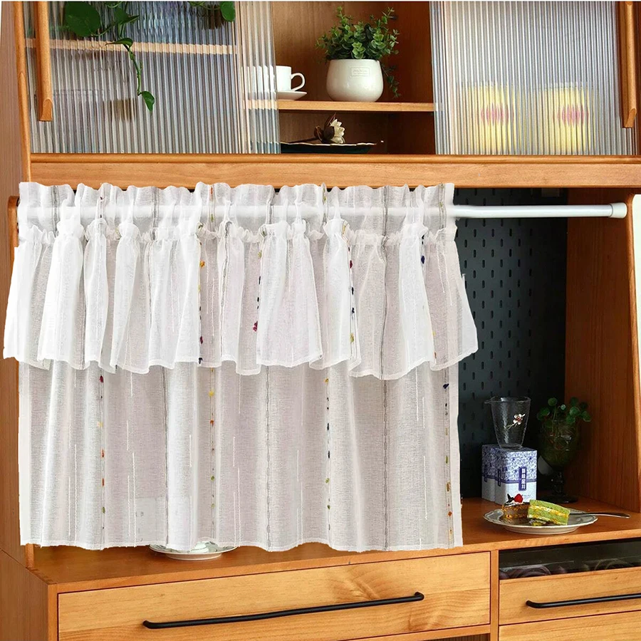 White Colorful Striped Two Layer Ruffled Design Half Tulle Curtains for Kitchen,Window Sheer Tier Short Curtain Cafe Decortation