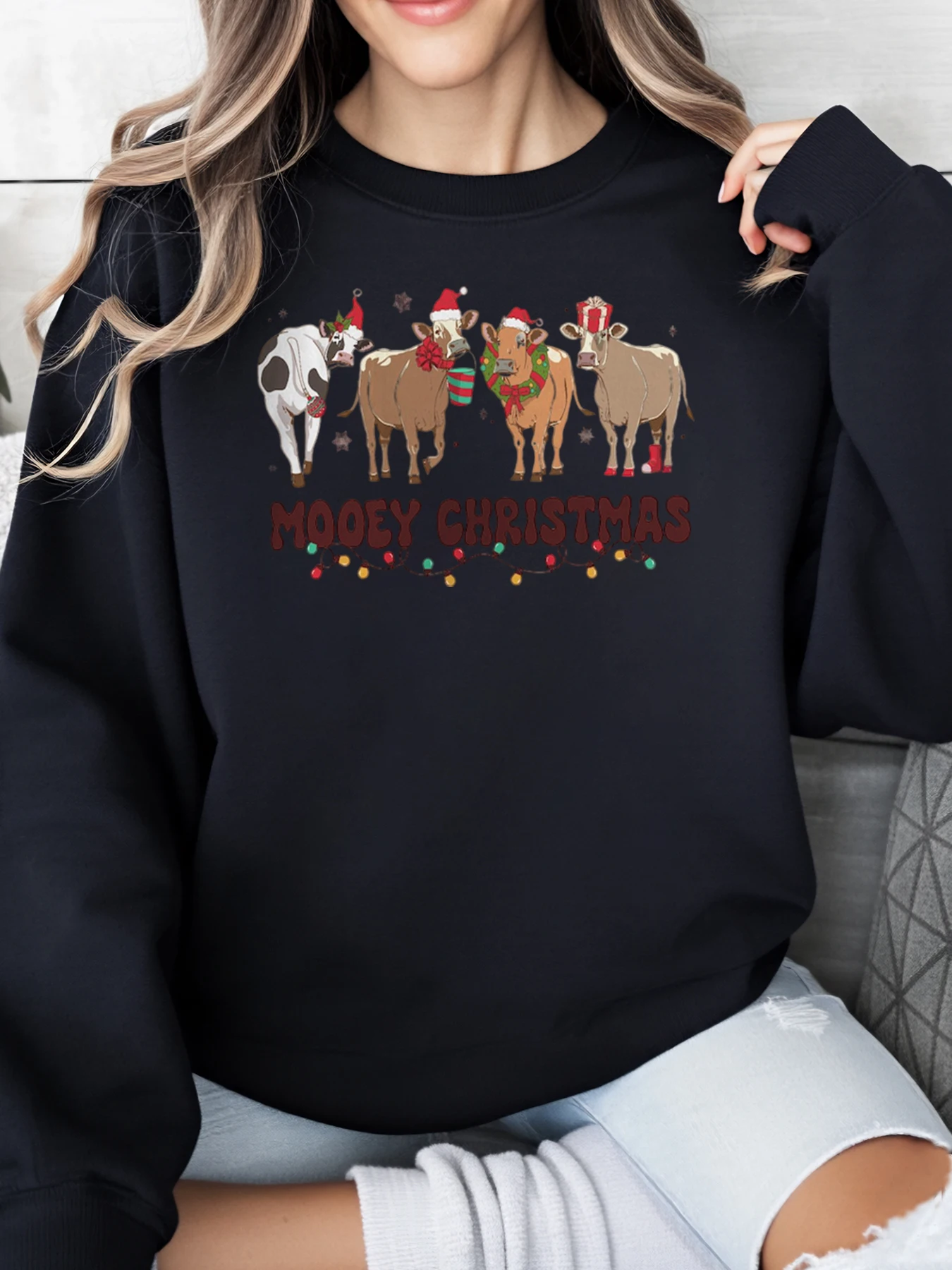 

Рождественский узор с коровой, рождественский свитшот Mooey, женская праздничная вечеринка, повседневная одежда, черный, большие размеры