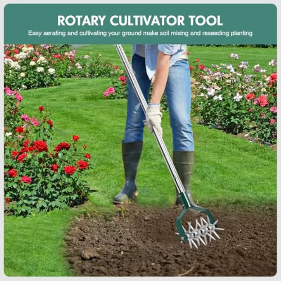 Rotary Cultivator Garden Tool, Manual Tiller with Durable Aluminum Gears, 57-Inch Long Handle, Hand Tiller for Soil Mixing, Flo