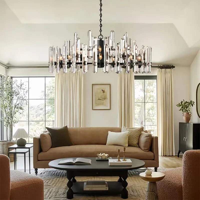 

American Style Crystal Round Lamp Brass,Gold/Black/Bronze Finish Lustre 3 Color Dimmable for Hotel Villa Ceilings