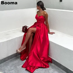 Booma Red A-Line Prom Gowns Sweetheart Sleeveless Pleat Evening Dress with Train High Leg Slit Long Formal Party Gowns for Women